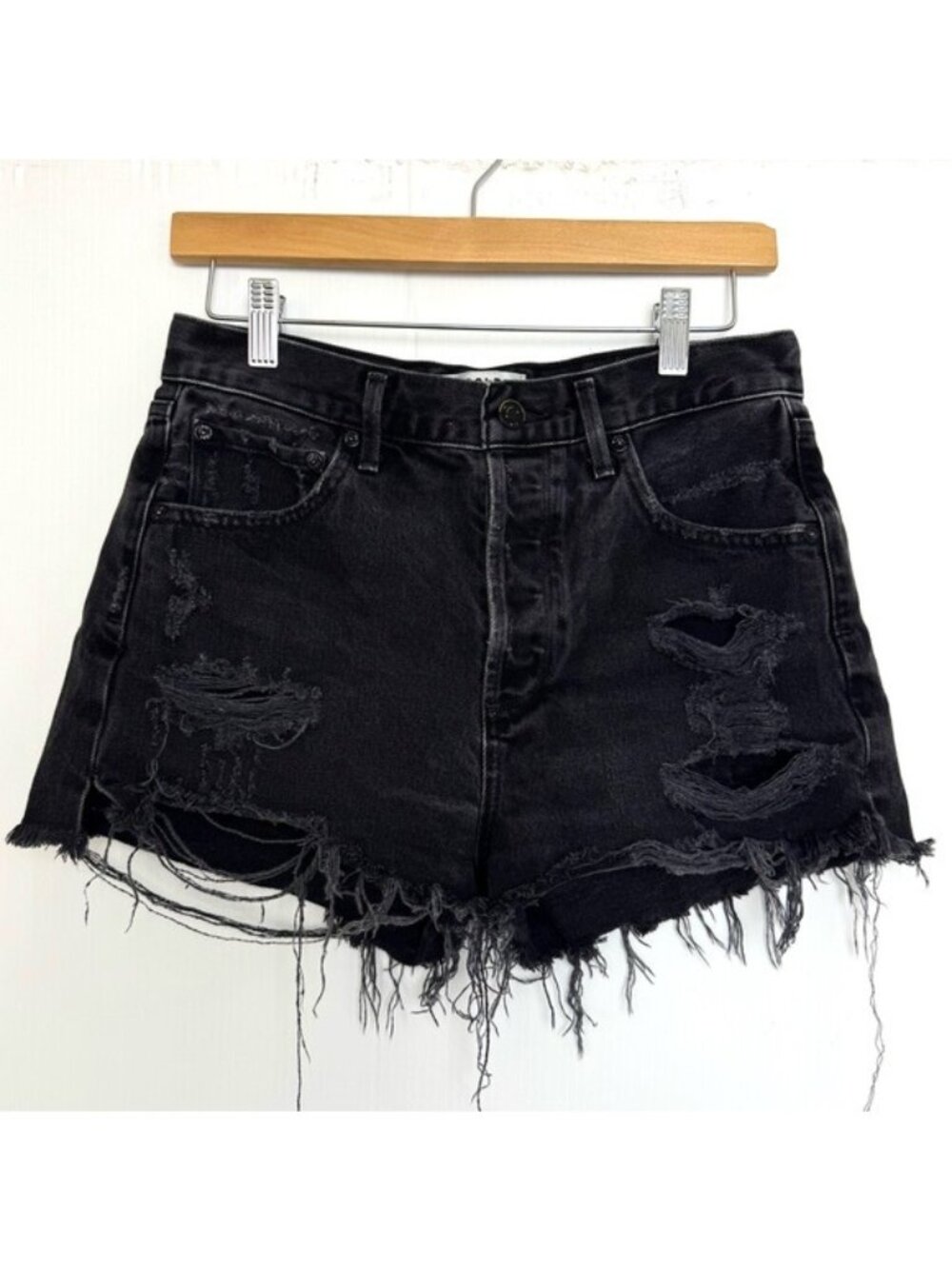 AGOLDE black wash high waisted distressed denim shorts 27